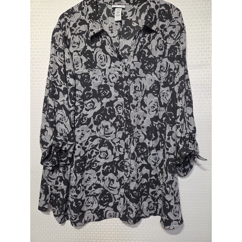 Catherines Plus 3X Black White Rose Houndstooth Print Tie Sleeve Blouse